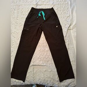 Women’s Lined Figs Black Scrub Pants with Teal Drawstring